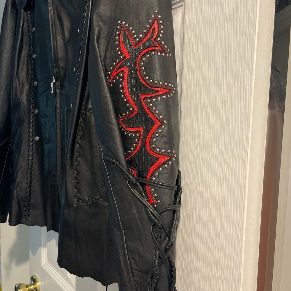 Black Leather Jacket with Red Accents - Picture 5 of 10